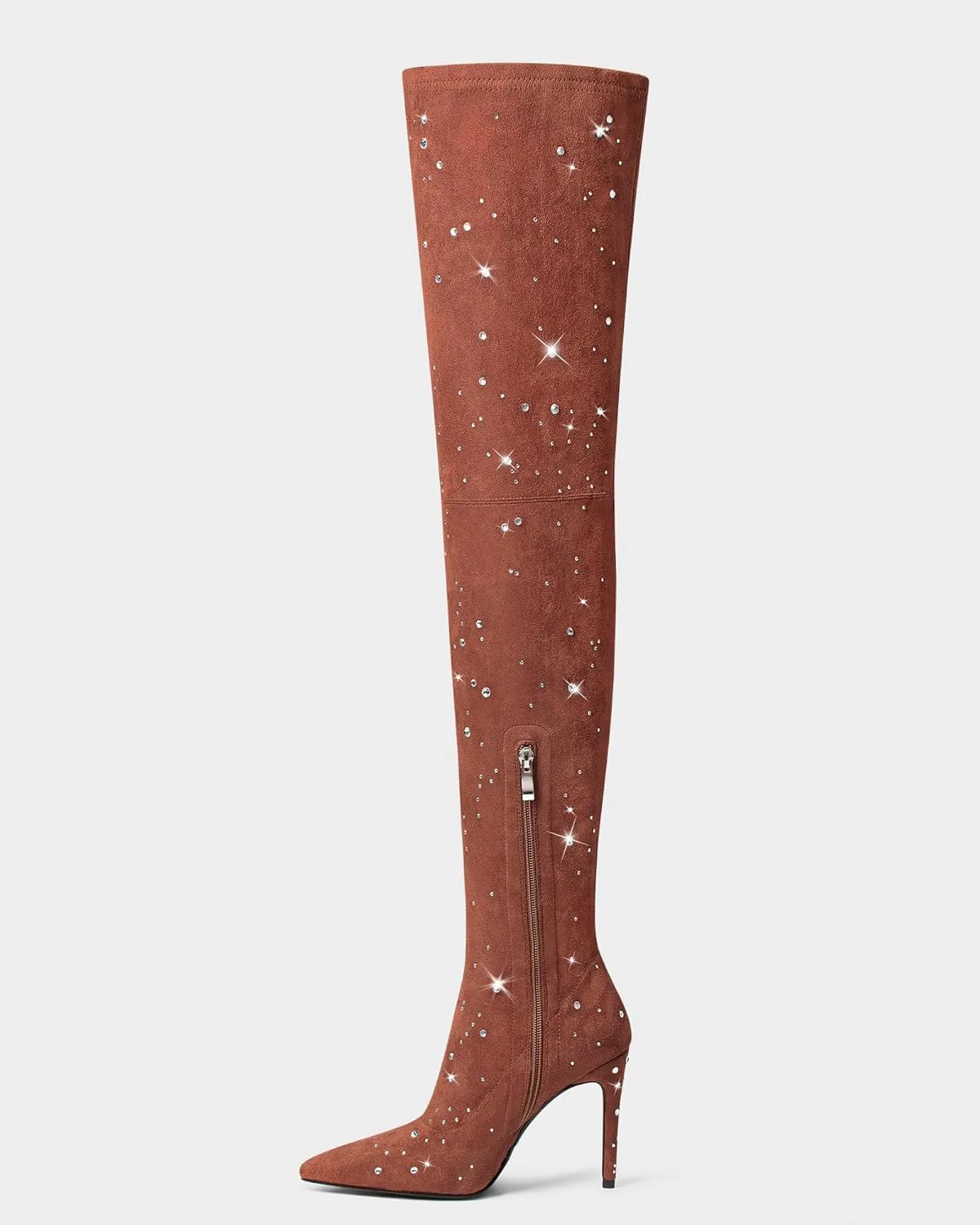 MUCCCUTE Thigh High Suede Boots for Women - Over The Knee Rhinestone Boots Pointed Toe Stiletto High Heel Side Zipper Tall Boots