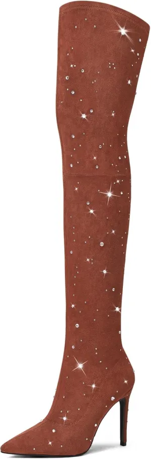 MUCCCUTE Thigh High Suede Boots for Women - Over The Knee Rhinestone Boots Pointed Toe Stiletto High Heel Side Zipper Tall Boots