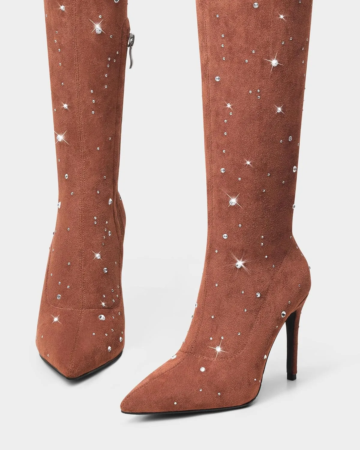MUCCCUTE Thigh High Suede Boots for Women - Over The Knee Rhinestone Boots Pointed Toe Stiletto High Heel Side Zipper Tall Boots