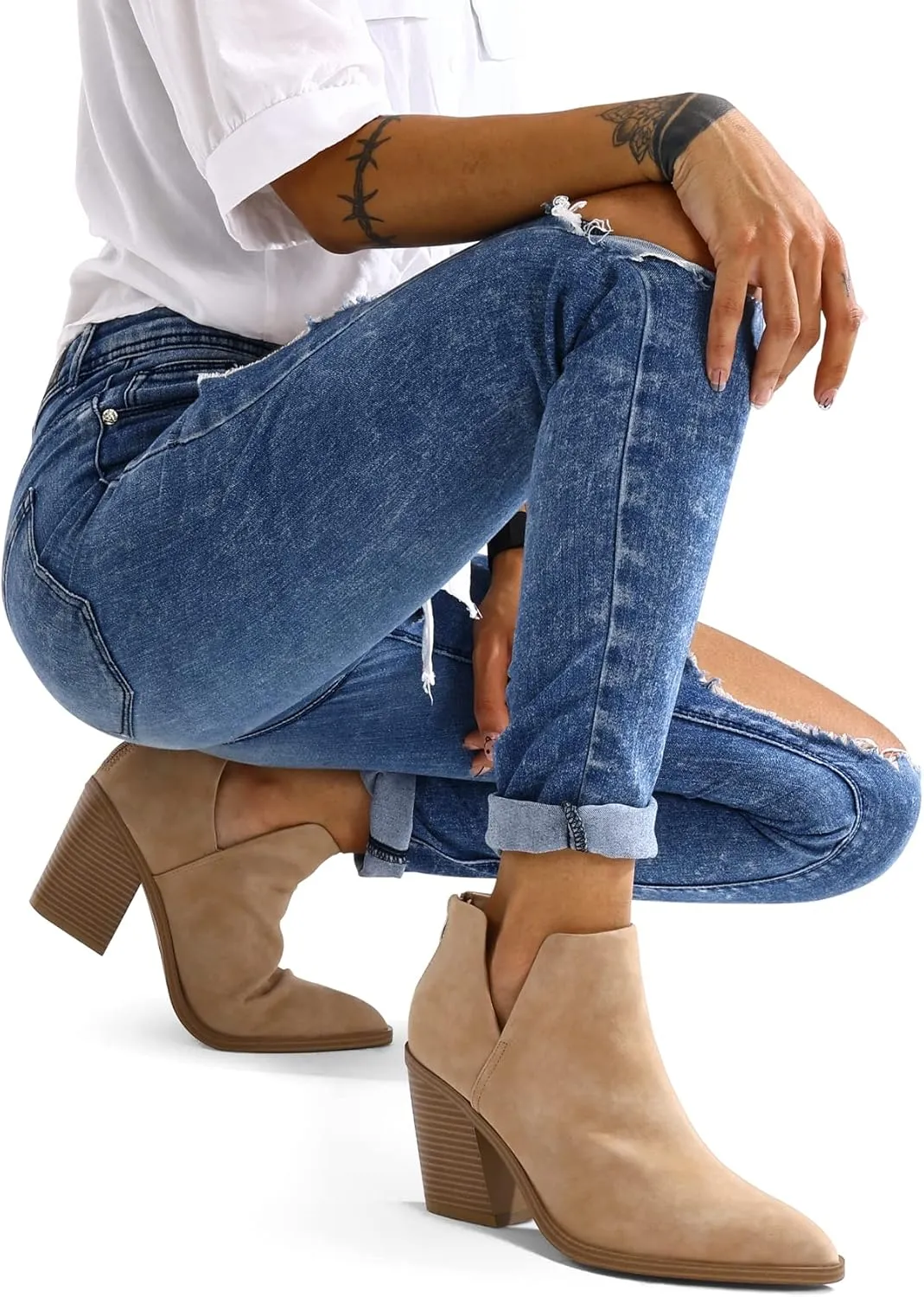 mysoft Women's Ankle Boots Slip on Cutout Pointed Toe Chunky Stacked Mid Heel Booties