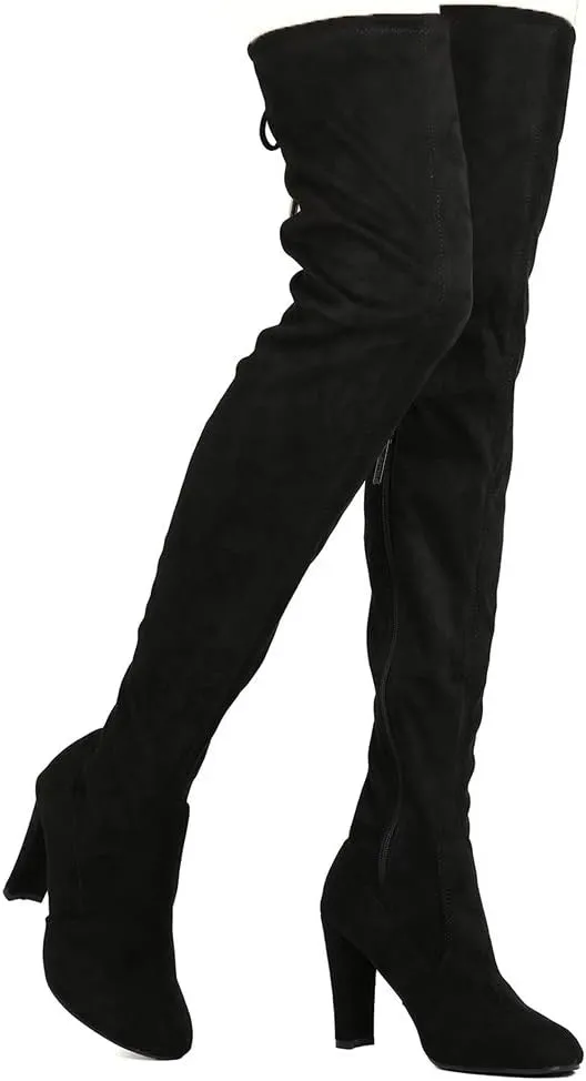 Nature Breeze Womens Eve-01 Stretchy Thigh High Pull String Chunk Heel Combat Boots