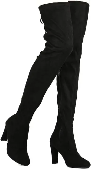 Nature Breeze Womens Eve-01 Stretchy Thigh High Pull String Chunk Heel Combat Boots