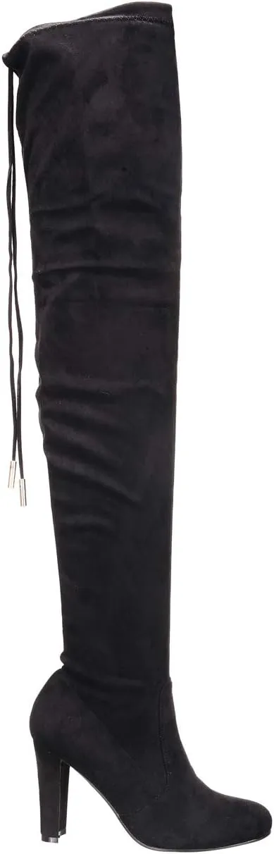 Nature Breeze Womens Eve-01 Stretchy Thigh High Pull String Chunk Heel Combat Boots