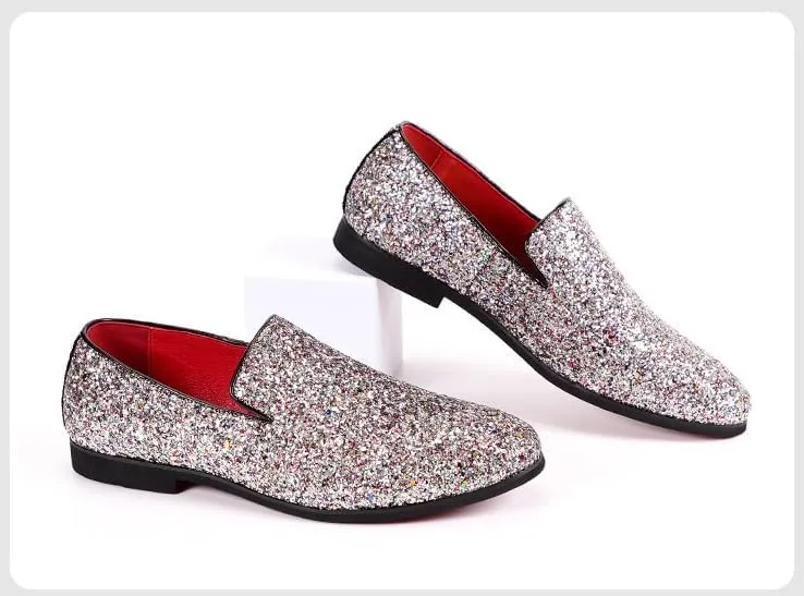 New Mens Loafers Shoe Pointed Toe Shiny PU Leather Smoking Shoes Slip Resistant Flat Heel Flexible Fashion Slip-on