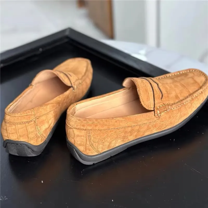 Nubuck Crocodile Leather Men's Camel Moccasins Gommino Alligator Leather Male Slip-on Soft Flats Shoes