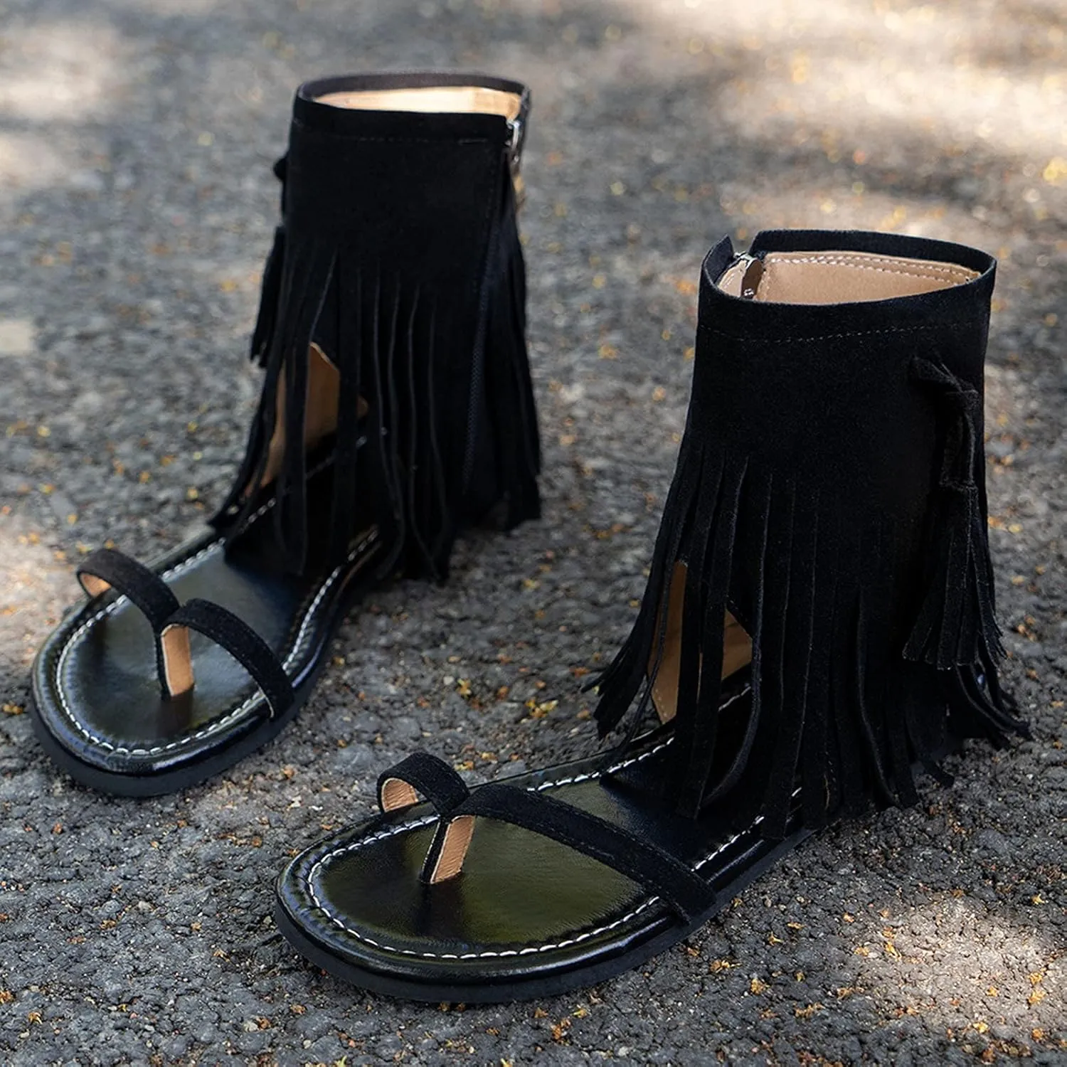 Nyybw Sandals for Women Casual, Gladiator Fringe Thong Flat Sandals Retro Bohemian Sexy Beach Boots Tassel Hollow Out Shoes