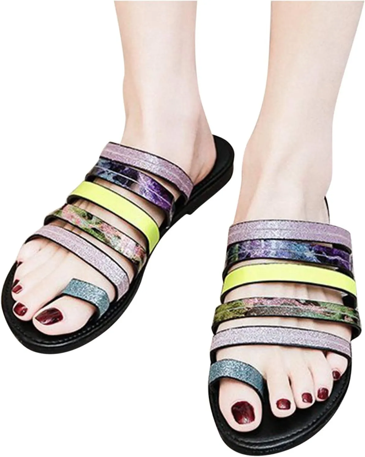 oiangi Beach Sandals for Women Flat Flip Flops Summer Casual Colorblock Straps Toe Ring Open Toe Slip on Slipper Comfy Trendy Ladies Shoes Sandalias
