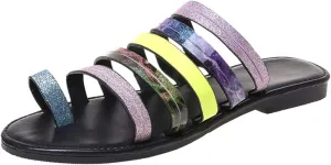 oiangi Beach Sandals for Women Flat Flip Flops Summer Casual Colorblock Straps Toe Ring Open Toe Slip on Slipper Comfy Trendy Ladies Shoes Sandalias