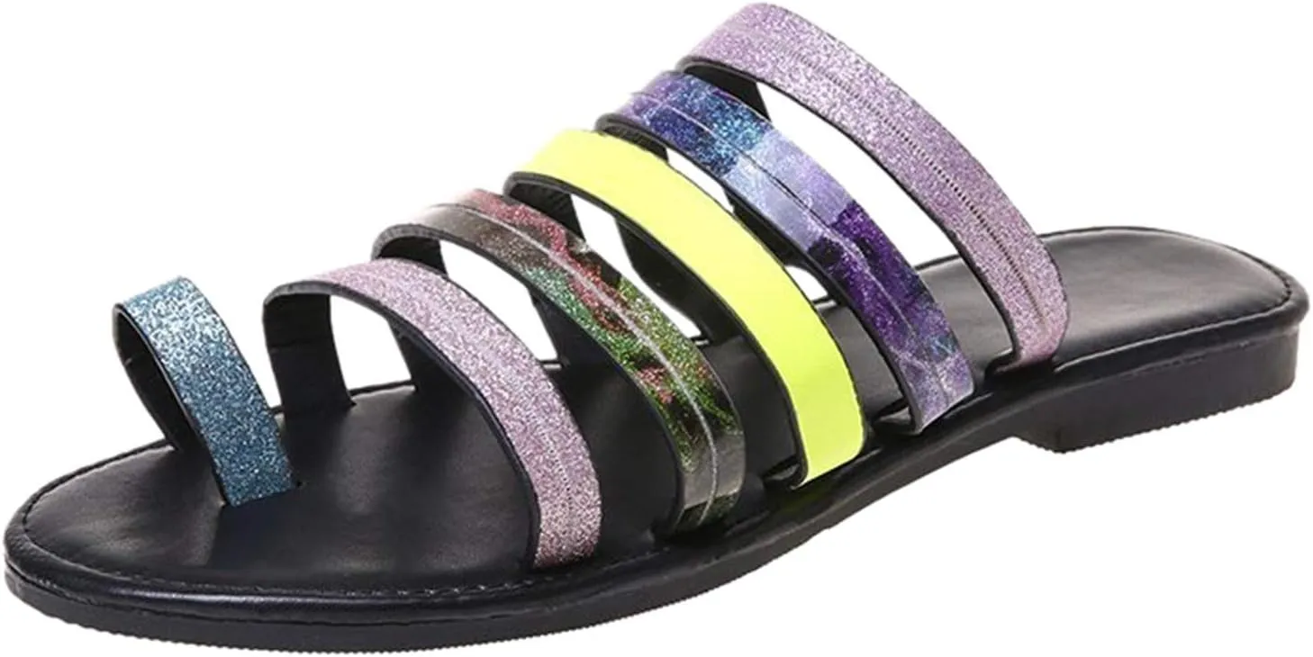 oiangi Beach Sandals for Women Flat Flip Flops Summer Casual Colorblock Straps Toe Ring Open Toe Slip on Slipper Comfy Trendy Ladies Shoes Sandalias