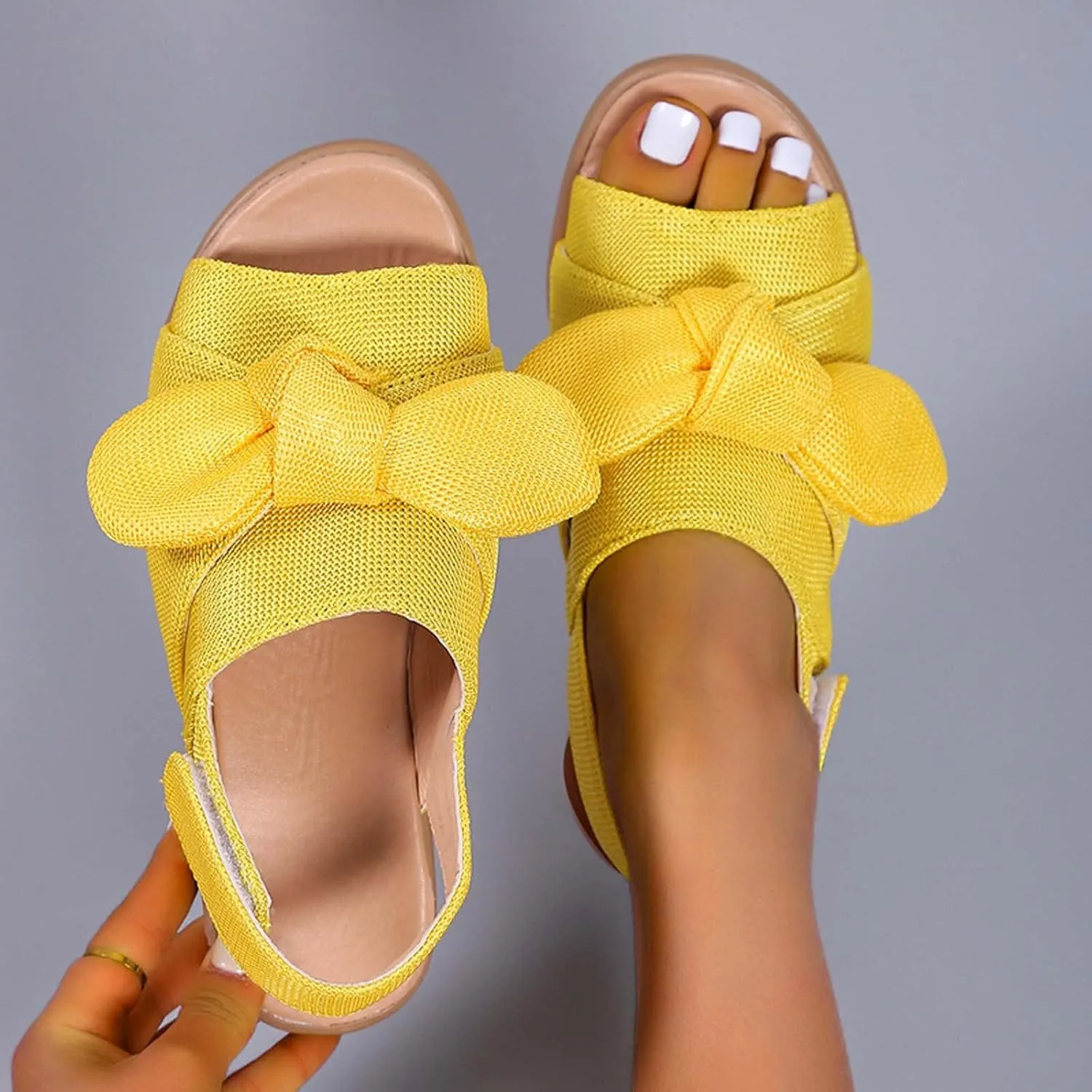 oiangi Bow Platform Sandals for Women Casual Summer Fish Mouth Open Toe Slingback Slipper Solid Comfortable Hook-and-Loop Beach Shoes Sandalias