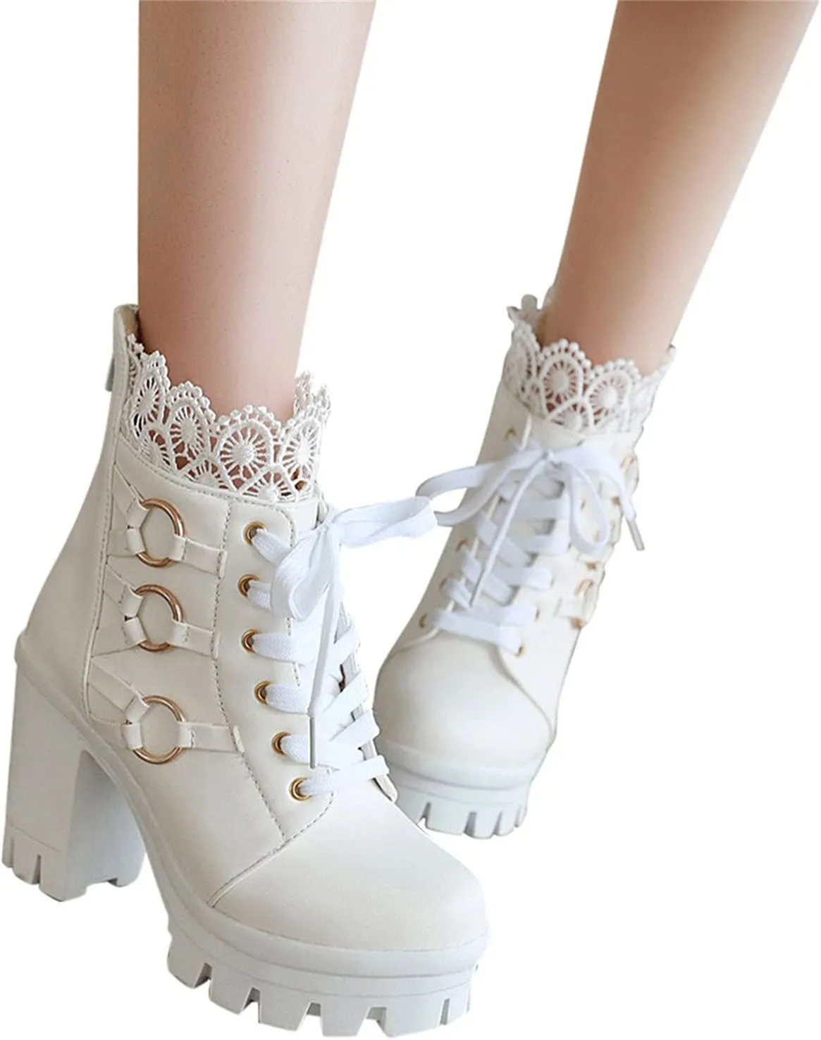 oiangi Chunky Ankle Boots for Women - Fashion Lace Up Round Toe Lace Platform High Heel Short Booties Comfortable Trendy Ladies High-heeled Shoes