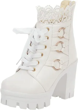 oiangi Chunky Ankle Boots for Women - Fashion Lace Up Round Toe Lace Platform High Heel Short Booties Comfortable Trendy Ladies High-heeled Shoes