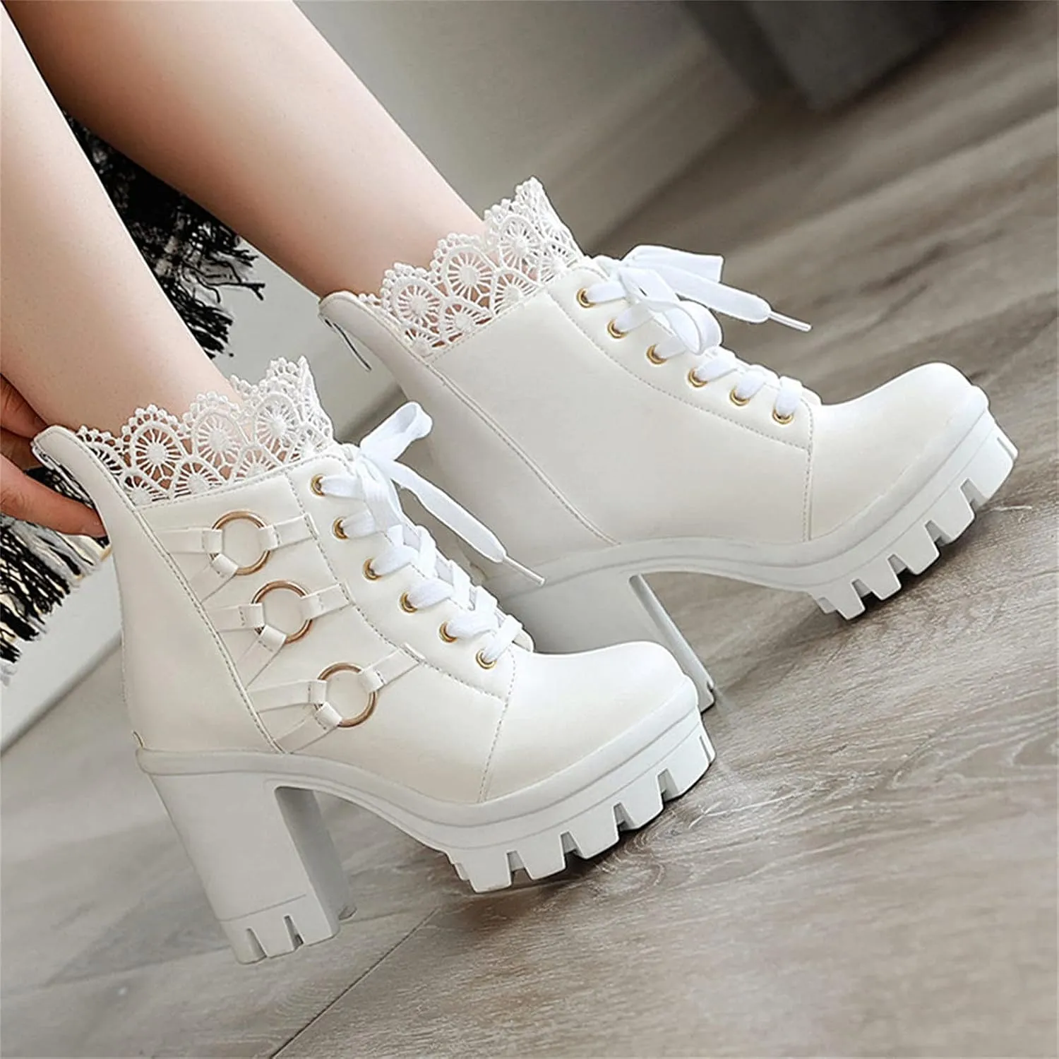oiangi Chunky Ankle Boots for Women - Fashion Lace Up Round Toe Lace Platform High Heel Short Booties Comfortable Trendy Ladies High-heeled Shoes