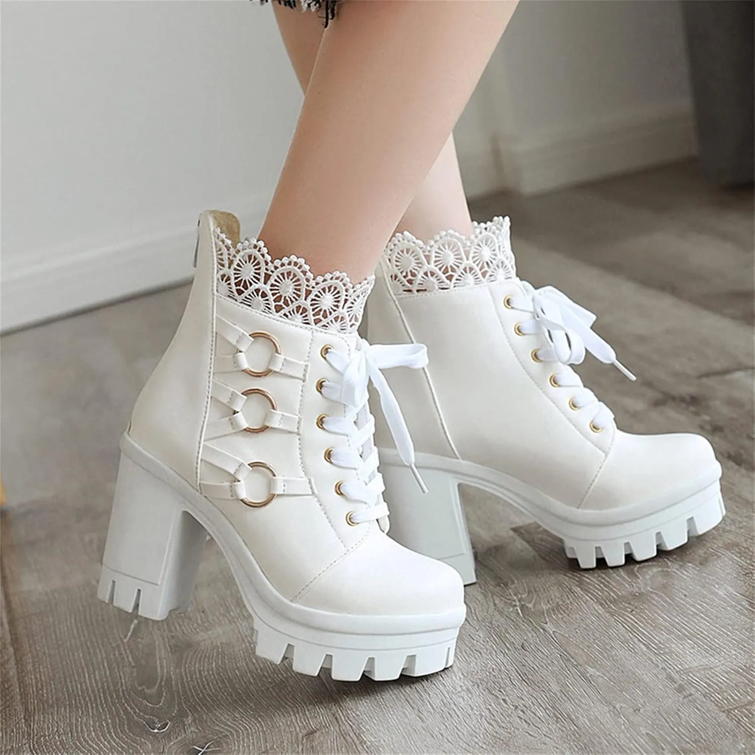 oiangi Chunky Ankle Boots for Women - Fashion Lace Up Round Toe Lace Platform High Heel Short Booties Comfortable Trendy Ladies High-heeled Shoes