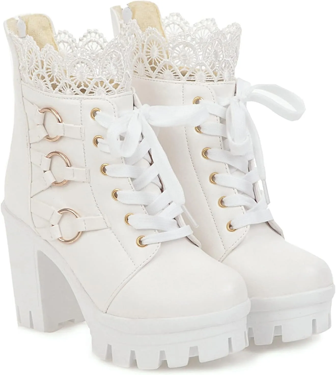 oiangi Chunky Ankle Boots for Women - Fashion Lace Up Round Toe Lace Platform High Heel Short Booties Comfortable Trendy Ladies High-heeled Shoes