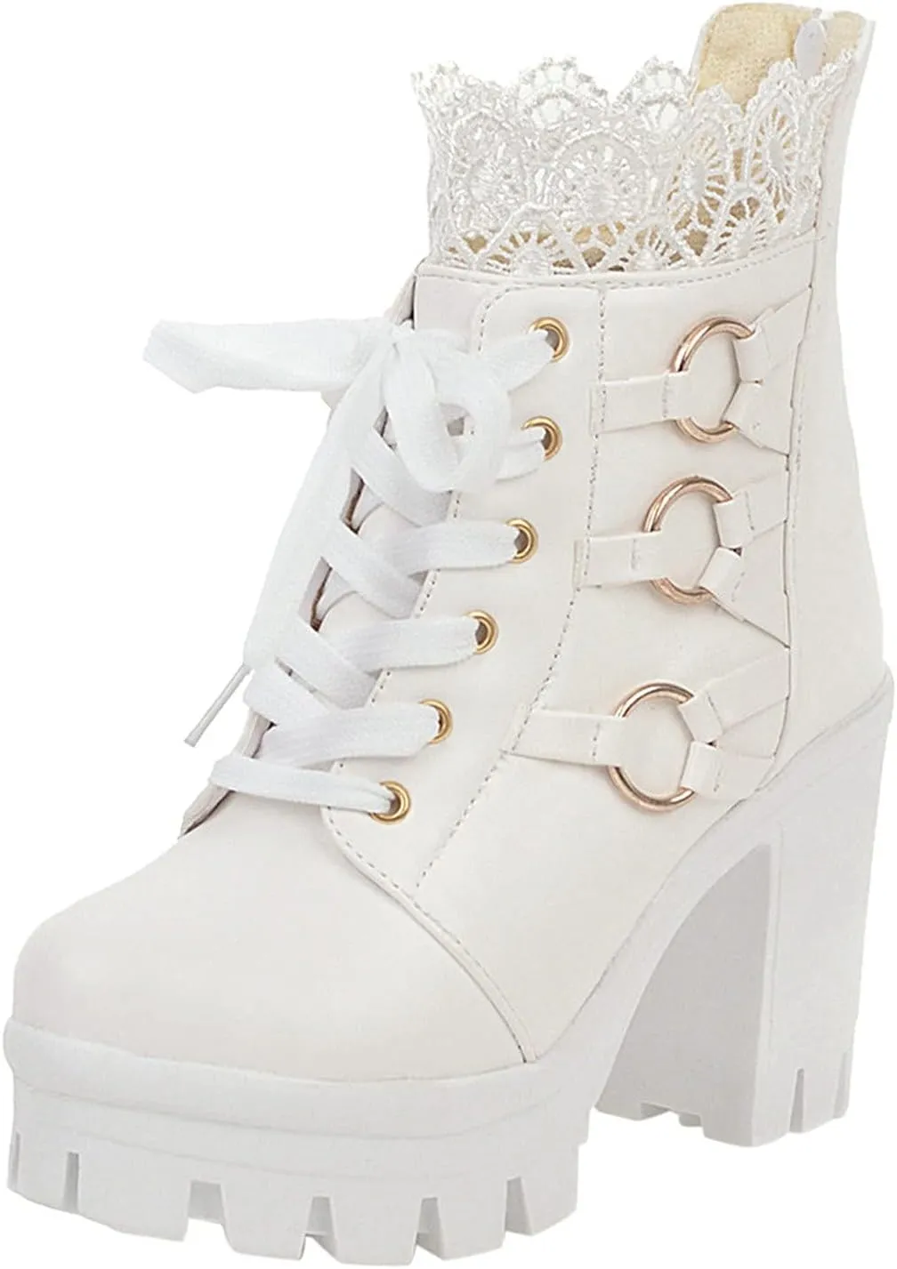 oiangi Chunky Ankle Boots for Women - Fashion Lace Up Round Toe Lace Platform High Heel Short Booties Comfortable Trendy Ladies High-heeled Shoes