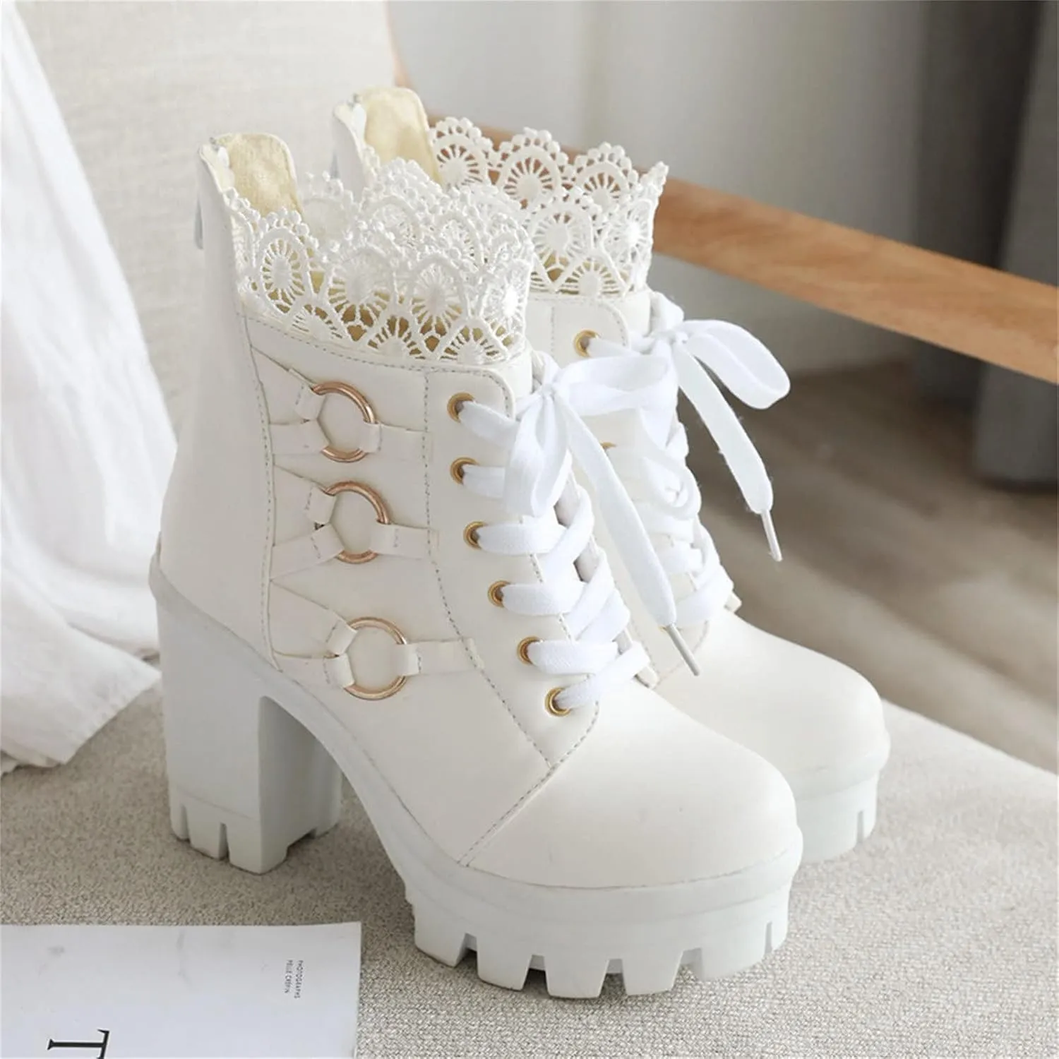 oiangi Chunky Ankle Boots for Women - Fashion Lace Up Round Toe Lace Platform High Heel Short Booties Comfortable Trendy Ladies High-heeled Shoes