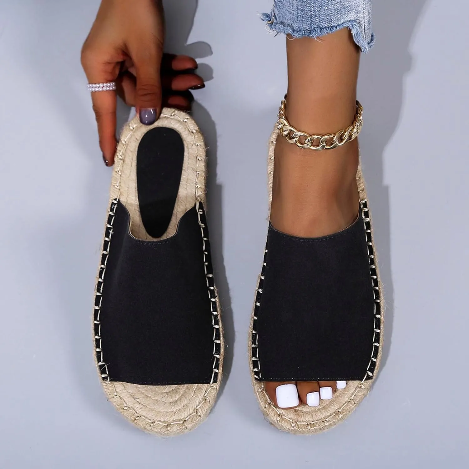 oiangi Espadrille Sandals for Women Flats Summer Casual Open Toe Slip On Slipper Lightweight Comfortable Handmade Sandals Outdoor Non-Slip Ladies Shoes
