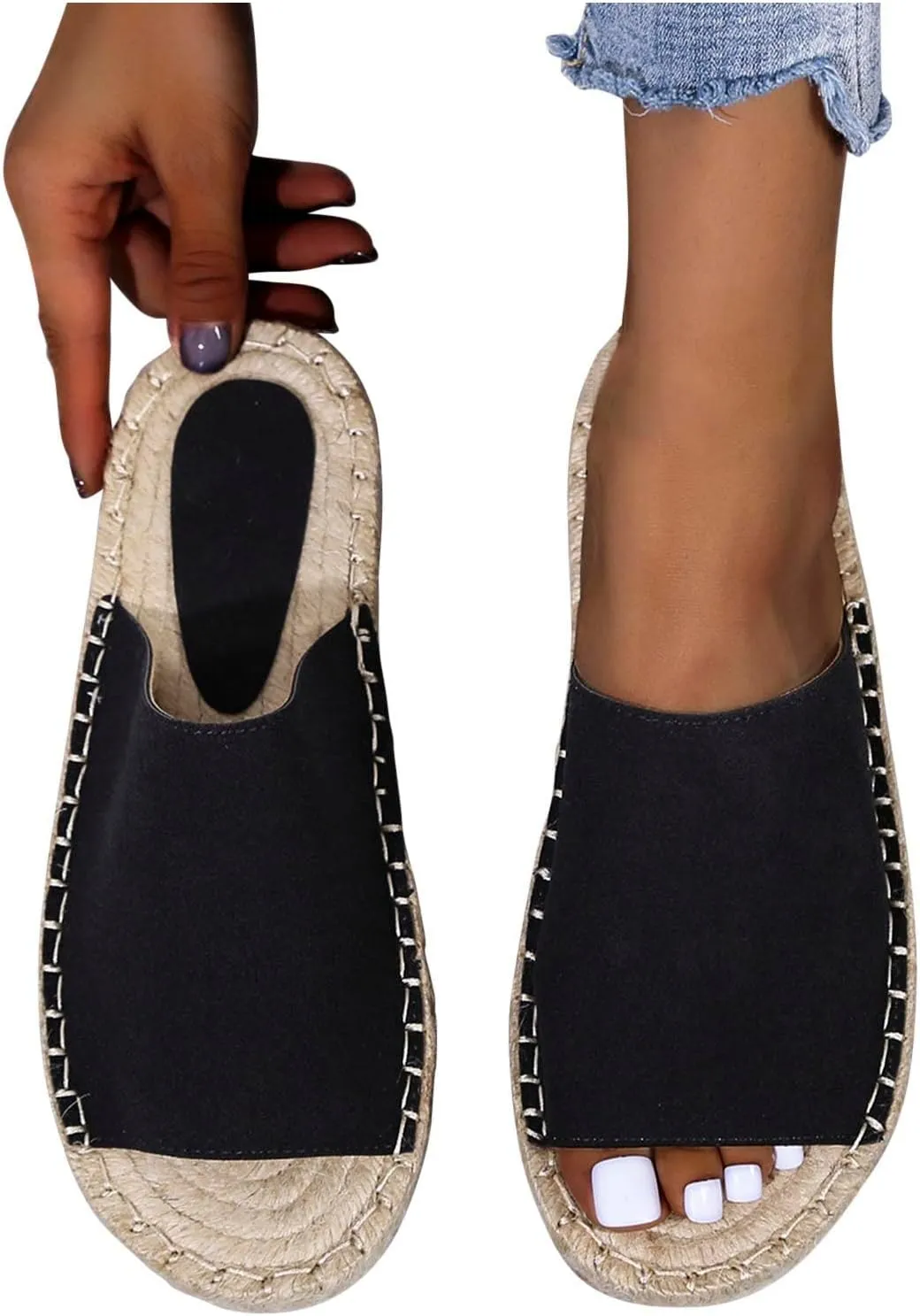 oiangi Espadrille Sandals for Women Flats Summer Casual Open Toe Slip On Slipper Lightweight Comfortable Handmade Sandals Outdoor Non-Slip Ladies Shoes