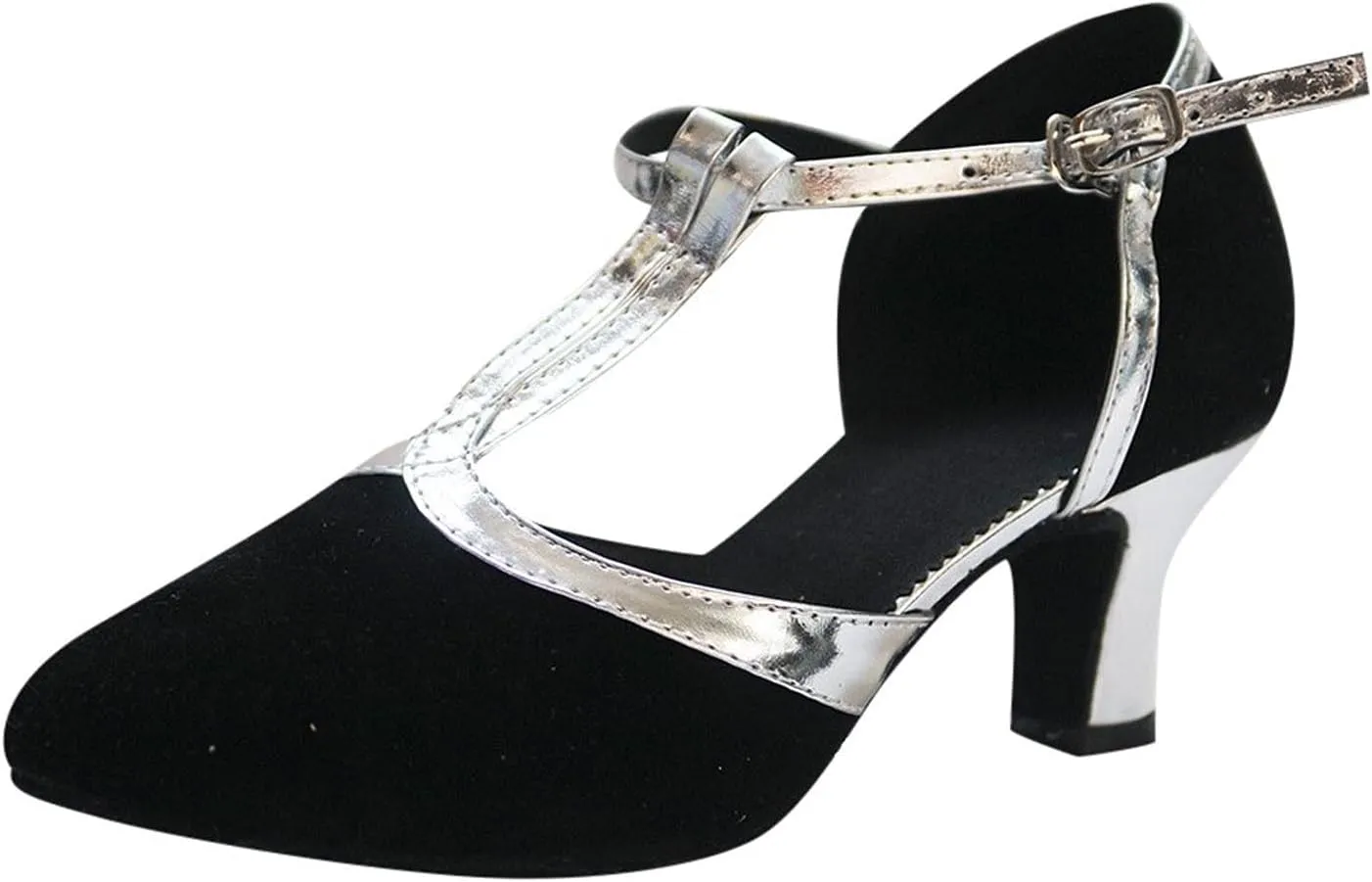 oiangi Women's Glitter Sequin Dance Shoes Fashion T Strap Closed-Toe Buckle Ballroom Latin Dance Shoes Ladies Trendy Shoes with Heel