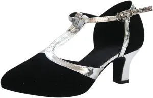 oiangi Women's Glitter Sequin Dance Shoes Fashion T Strap Closed-Toe Buckle Ballroom Latin Dance Shoes Ladies Trendy Shoes with Heel