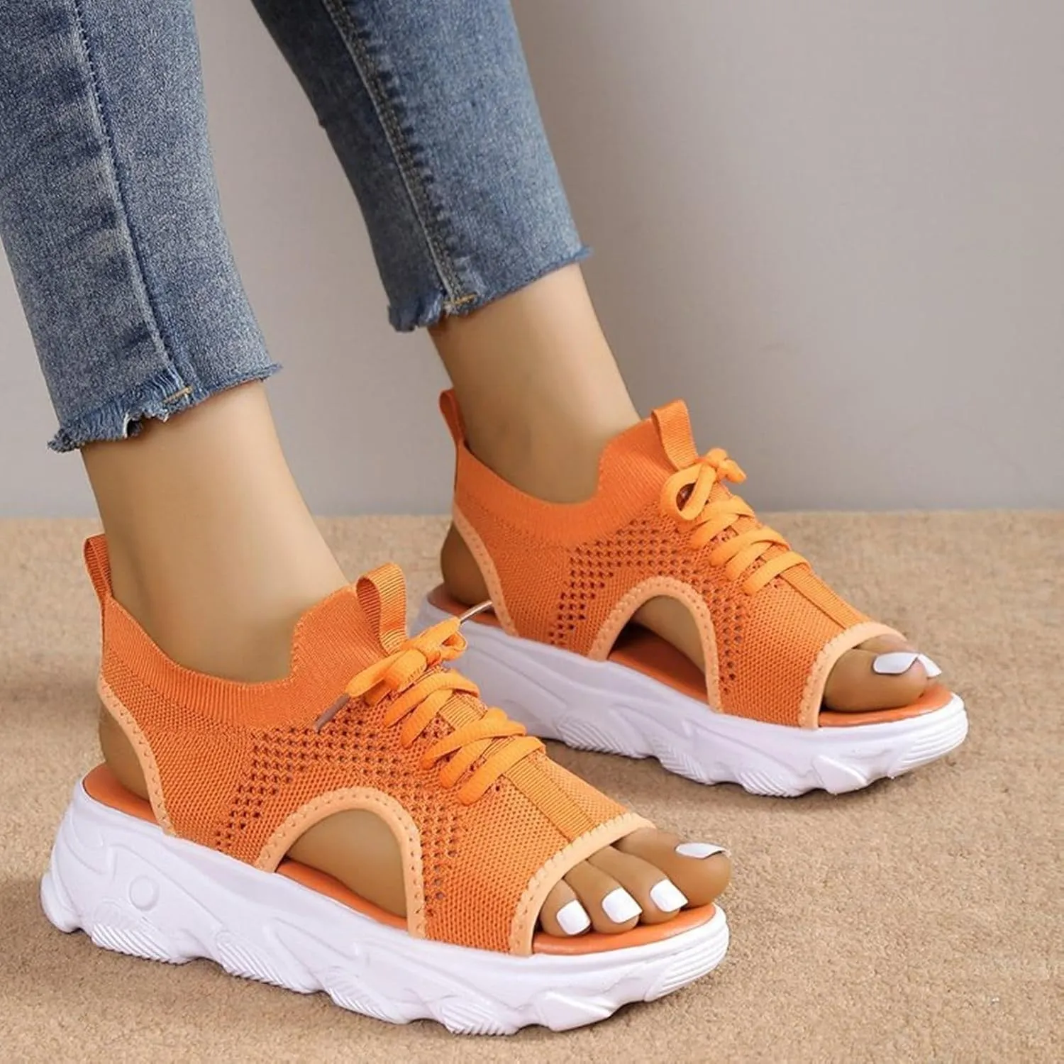 Orthopedic Wedge Sandals for Women Non Slip Cutout Lace-Up Muffin Sandals for Women Recovery Sport Outdoor Hiking Water Sandal Comfortable Outdoor Shoes