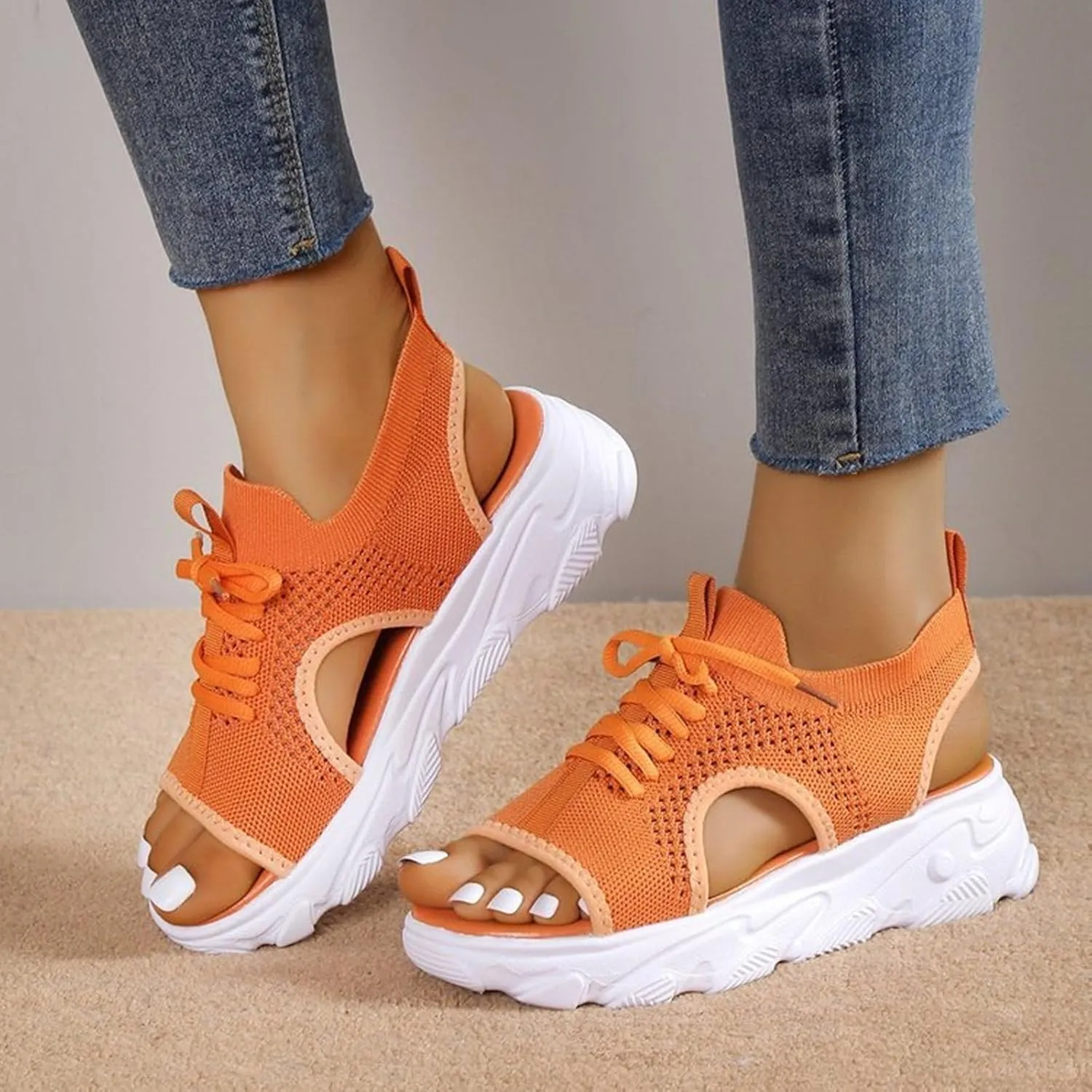 Orthopedic Wedge Sandals for Women Non Slip Cutout Lace-Up Muffin Sandals for Women Recovery Sport Outdoor Hiking Water Sandal Comfortable Outdoor Shoes