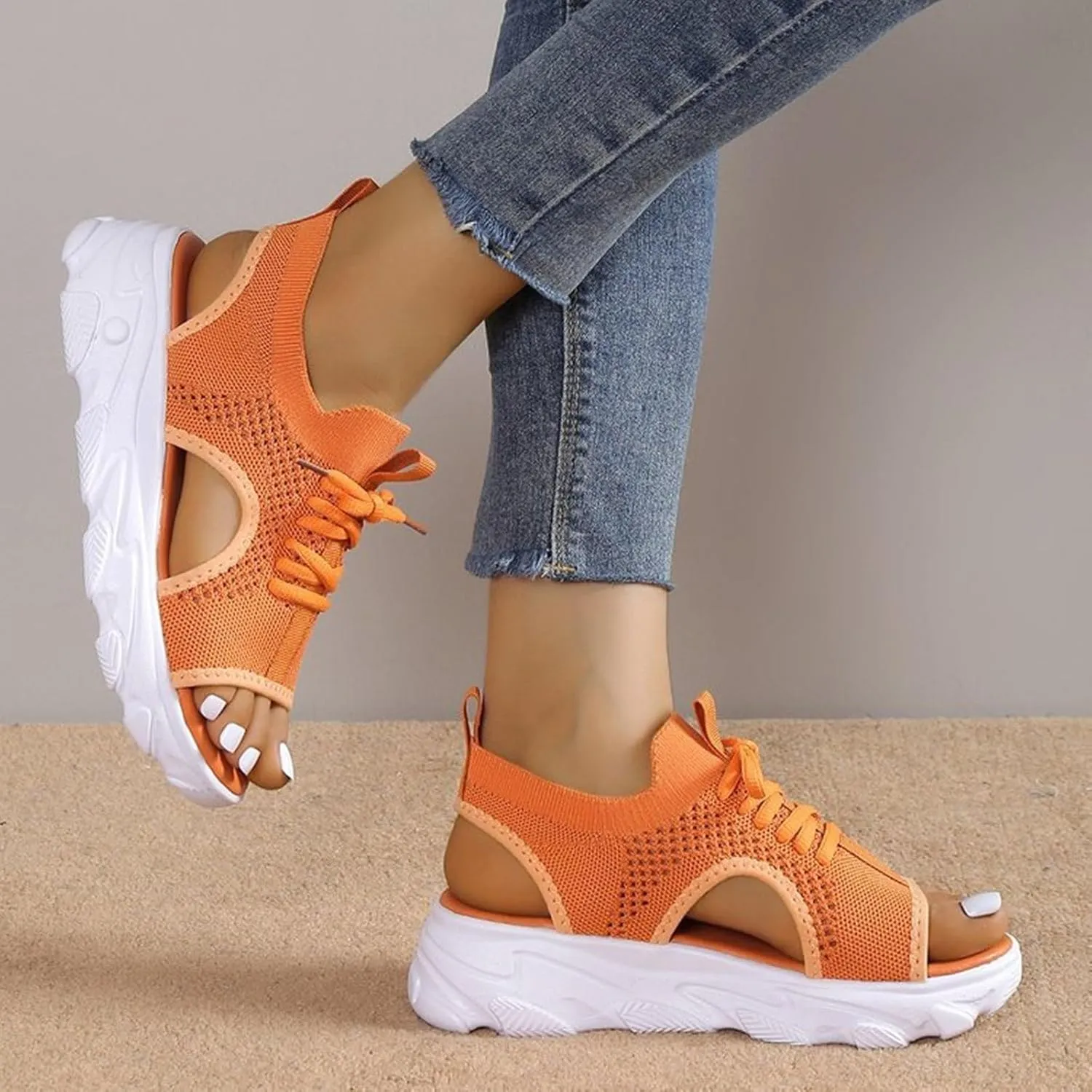 Orthopedic Wedge Sandals for Women Non Slip Cutout Lace-Up Muffin Sandals for Women Recovery Sport Outdoor Hiking Water Sandal Comfortable Outdoor Shoes