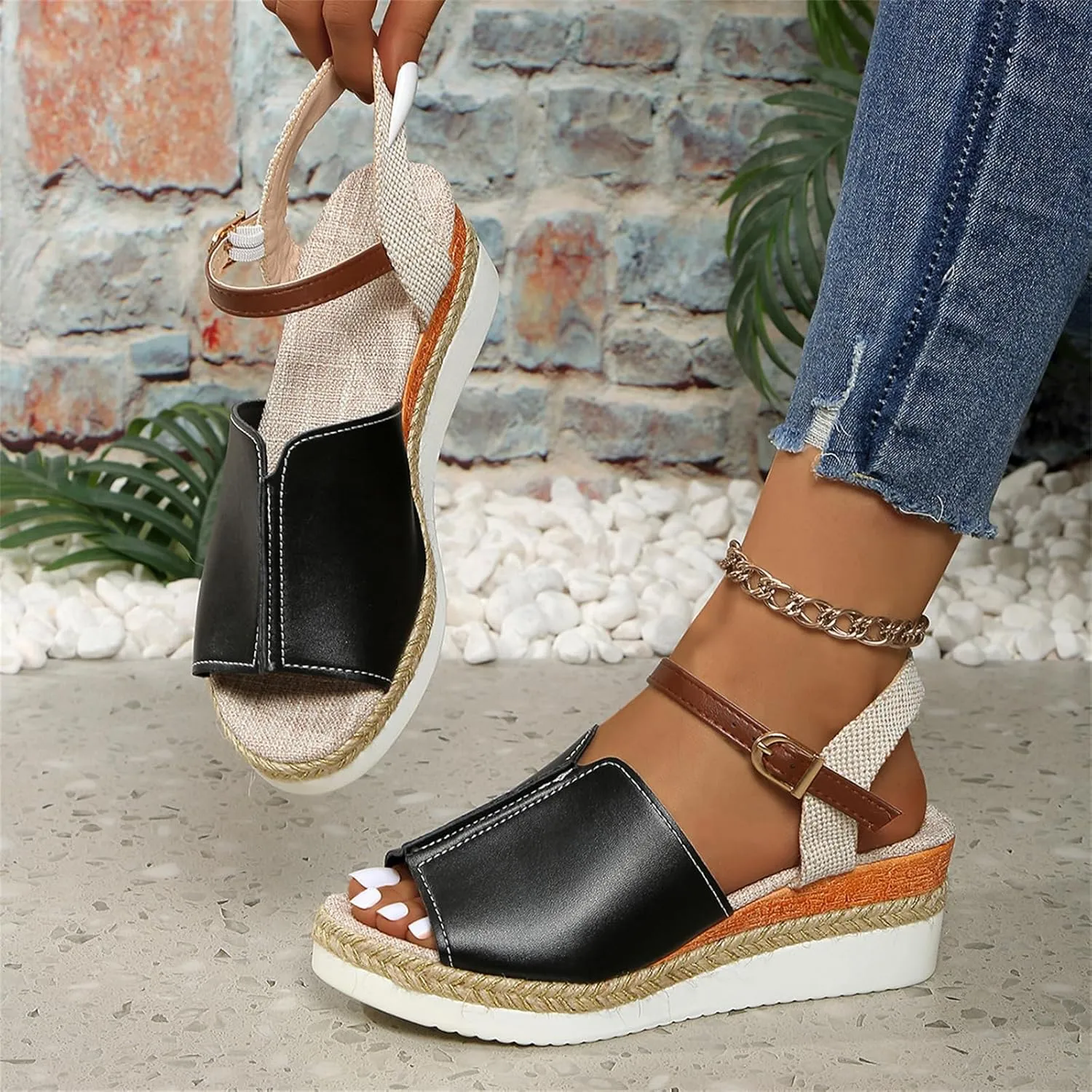 Orthopedic Wedge Sandals for Women Summer Dressy Flat Open Toe Ankle Strap Casual Strappy Beach Boho Sandal Comfortable Outdoor Shoes Heels Low Espadrilles Dressy Open Platform Wedges
