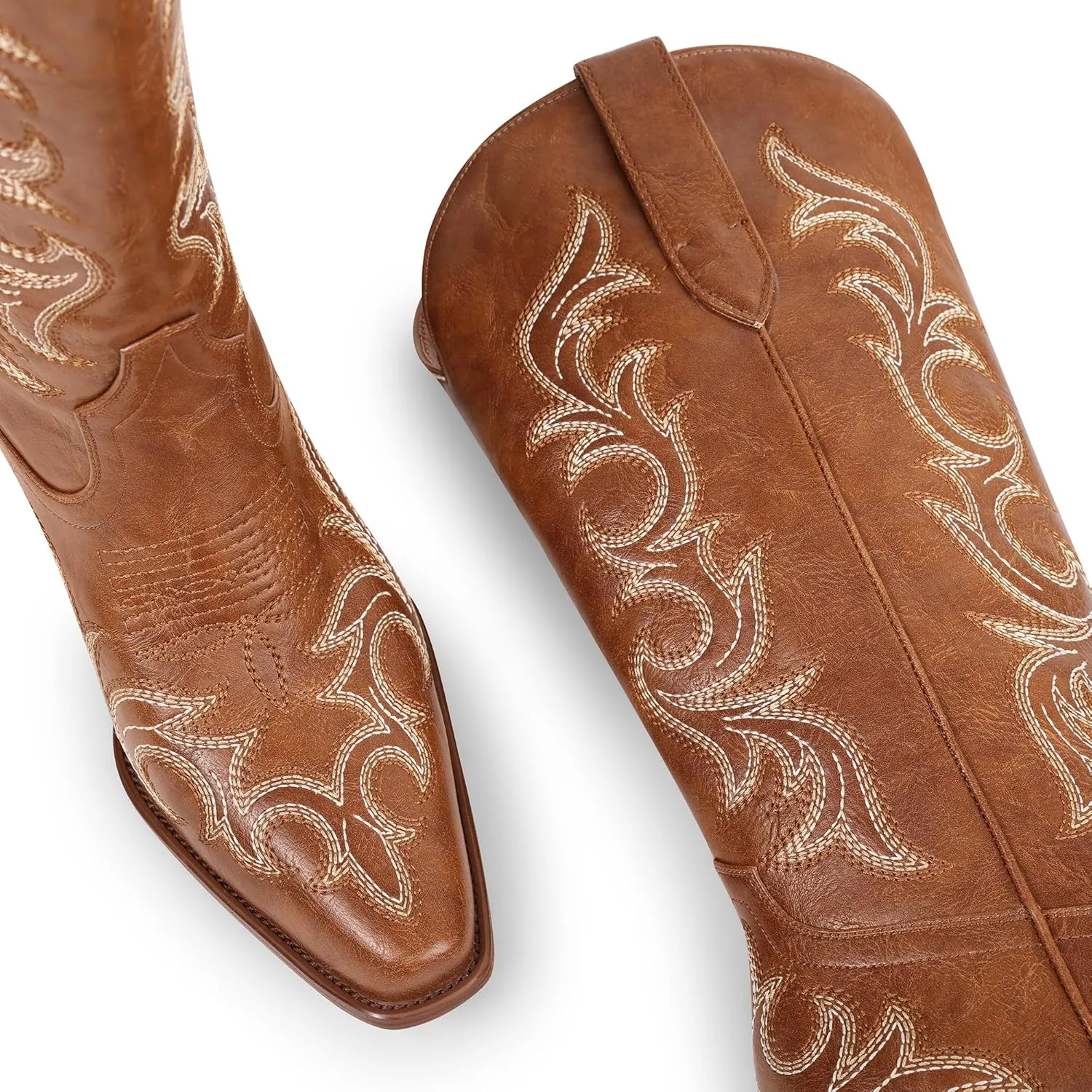 Ouepiano Cowboy Boots for Women Cowgirl Mid Calf Western Embroidered Chunky heels Pointed Toe Pull On Vintage Fashion Country Boot