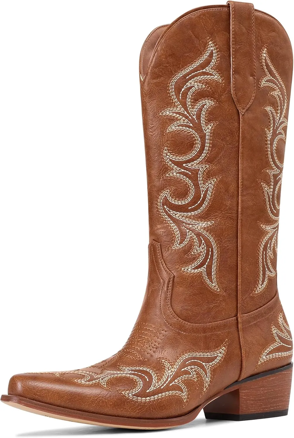 Ouepiano Cowboy Boots for Women Cowgirl Mid Calf Western Embroidered Chunky heels Pointed Toe Pull On Vintage Fashion Country Boot