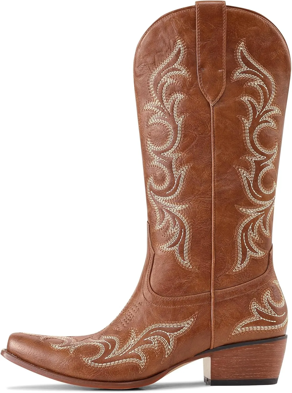 Ouepiano Cowboy Boots for Women Cowgirl Mid Calf Western Embroidered Chunky heels Pointed Toe Pull On Vintage Fashion Country Boot