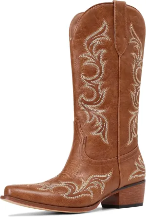 Ouepiano Cowboy Boots for Women Cowgirl Mid Calf Western Embroidered Chunky heels Pointed Toe Pull On Vintage Fashion Country Boot