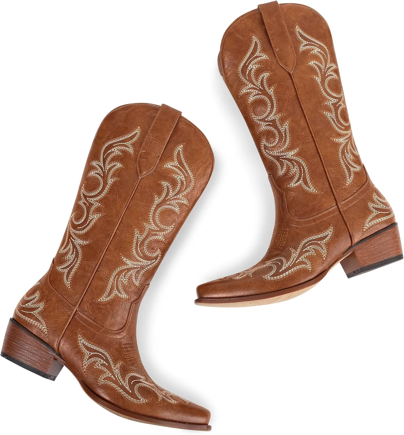 Ouepiano Cowboy Boots for Women Cowgirl Mid Calf Western Embroidered Chunky heels Pointed Toe Pull On Vintage Fashion Country Boot