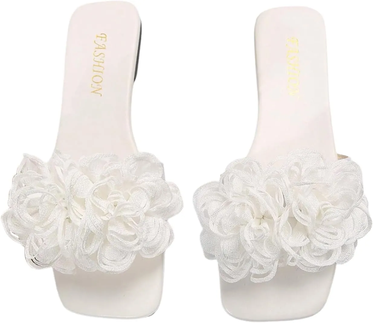OYOANGLE Women's 3D Floral Flat Sandals Square Open Toe PU Leather Slip on Slides