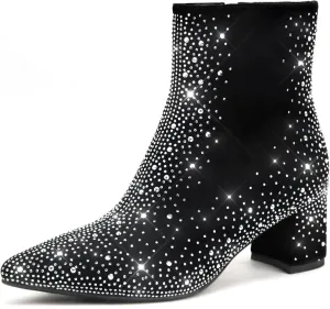 Pasuot Sparkly Rhinestone Boots for Women - Bling Diamond Ankle Boots with Studded Glitter Chunky Heel, Pointy Toe Block High Heeled Short Booties with Side Zipper, for Party, Dating, Fashion
