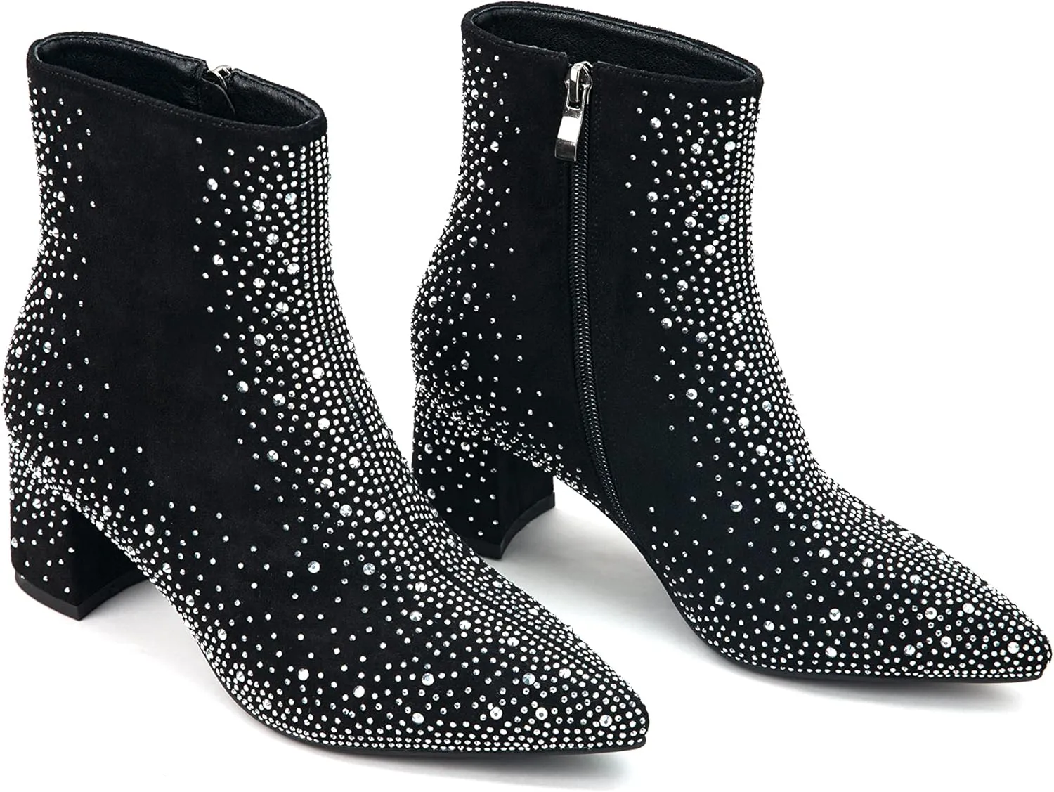 Pasuot Sparkly Rhinestone Boots for Women - Bling Diamond Ankle Boots with Studded Glitter Chunky Heel, Pointy Toe Block High Heeled Short Booties with Side Zipper, for Party, Dating, Fashion