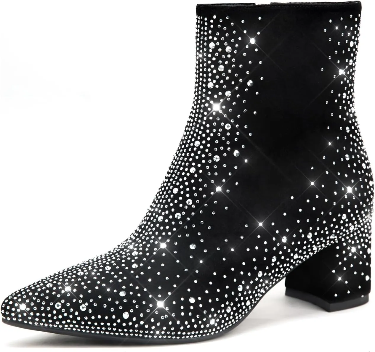 Pasuot Sparkly Rhinestone Boots for Women - Bling Diamond Ankle Boots with Studded Glitter Chunky Heel, Pointy Toe Block High Heeled Short Booties with Side Zipper, for Party, Dating, Fashion
