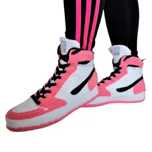 Personalized Custom AJ1 Pink Sneakers Knitted Slippers, Handmade Crochet Streetwear Bamboo Shoes, Customization Basketball Retro Sneaker, Soft Plush Luxury Boots, Organic Wool Cotton Socks