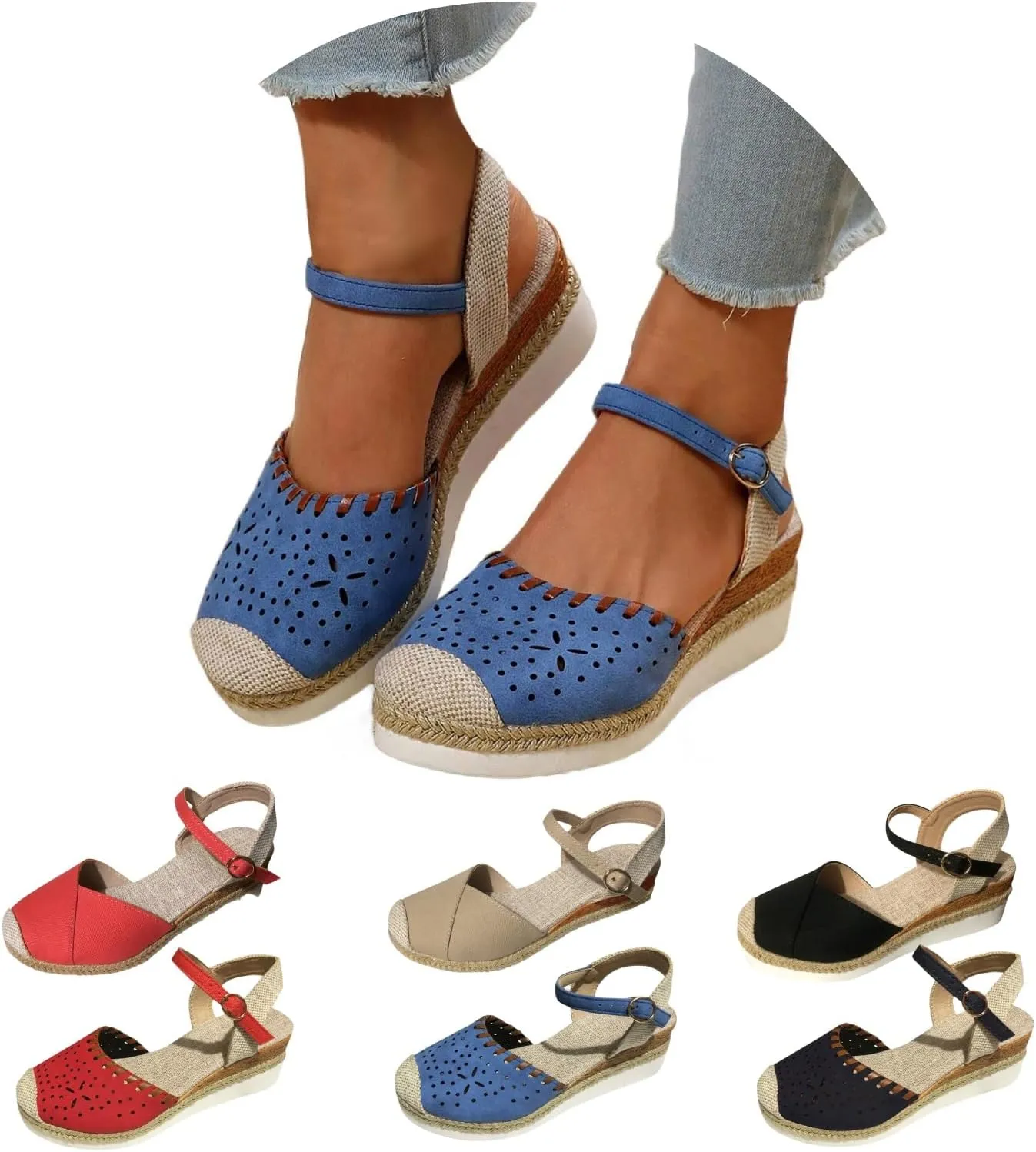 Platform Espadrilles Wedges for Women Closed Toe Casual Low Heel Dressy Sandals with Adjustable Buckle Ankle Strap