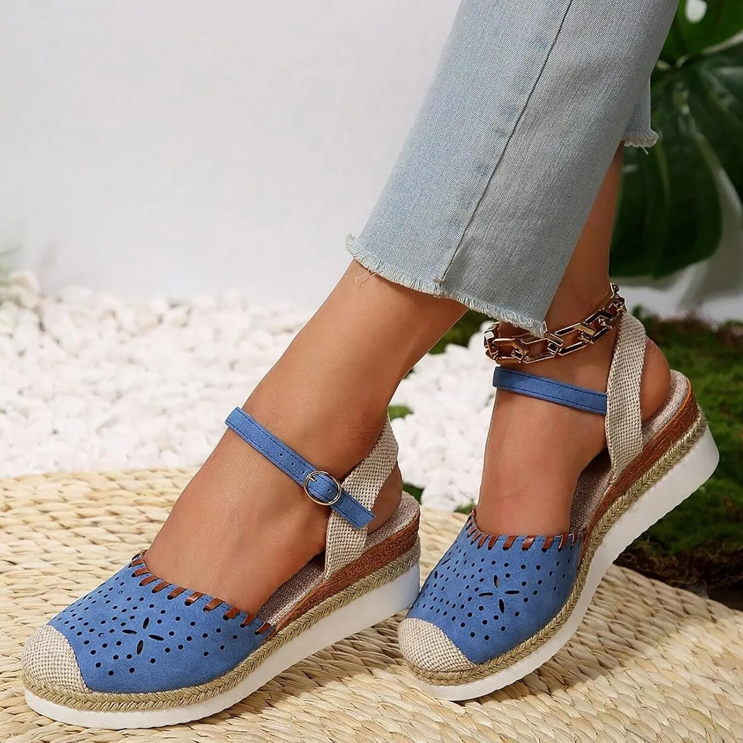 Platform Espadrilles Wedges for Women Closed Toe Casual Low Heel Dressy Sandals with Adjustable Buckle Ankle Strap