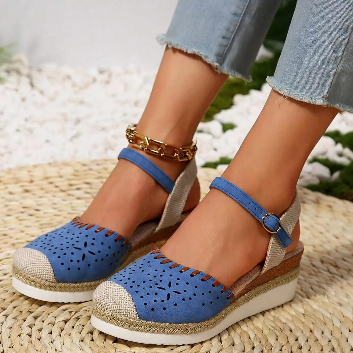 Platform Espadrilles Wedges for Women Closed Toe Casual Low Heel Dressy Sandals with Adjustable Buckle Ankle Strap