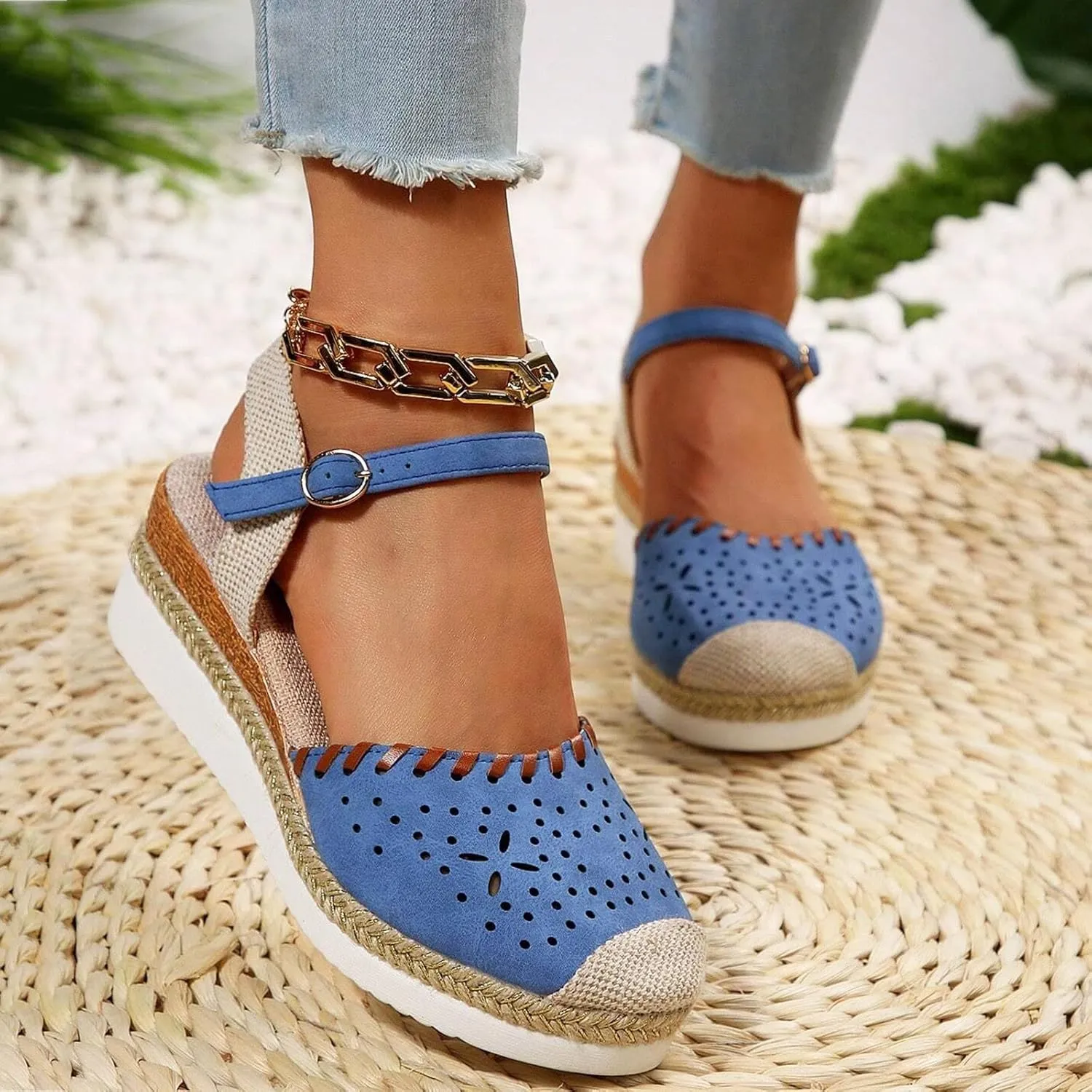 Platform Espadrilles Wedges for Women Closed Toe Casual Low Heel Dressy Sandals with Adjustable Buckle Ankle Strap