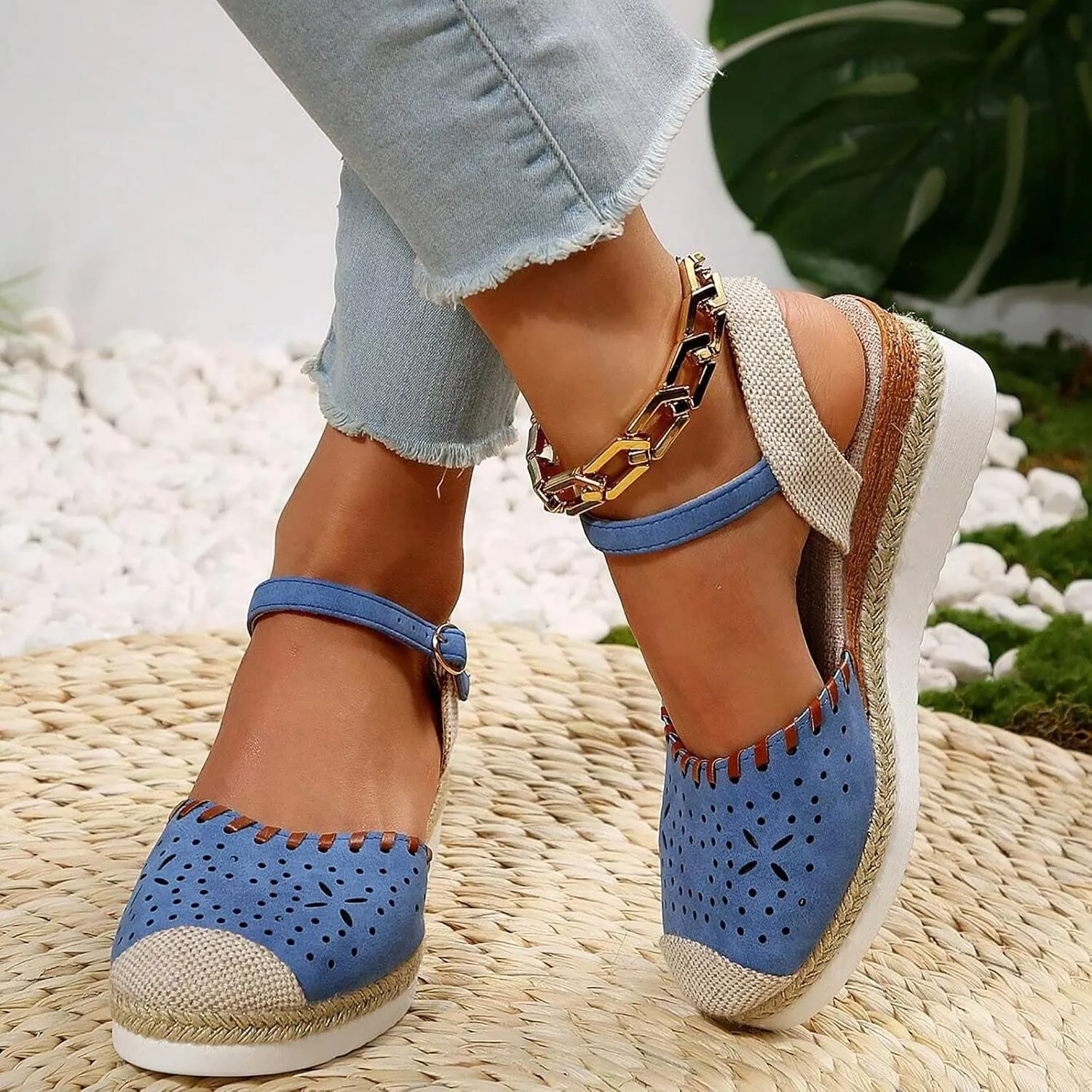 Platform Espadrilles Wedges for Women Closed Toe Casual Low Heel Dressy Sandals with Adjustable Buckle Ankle Strap