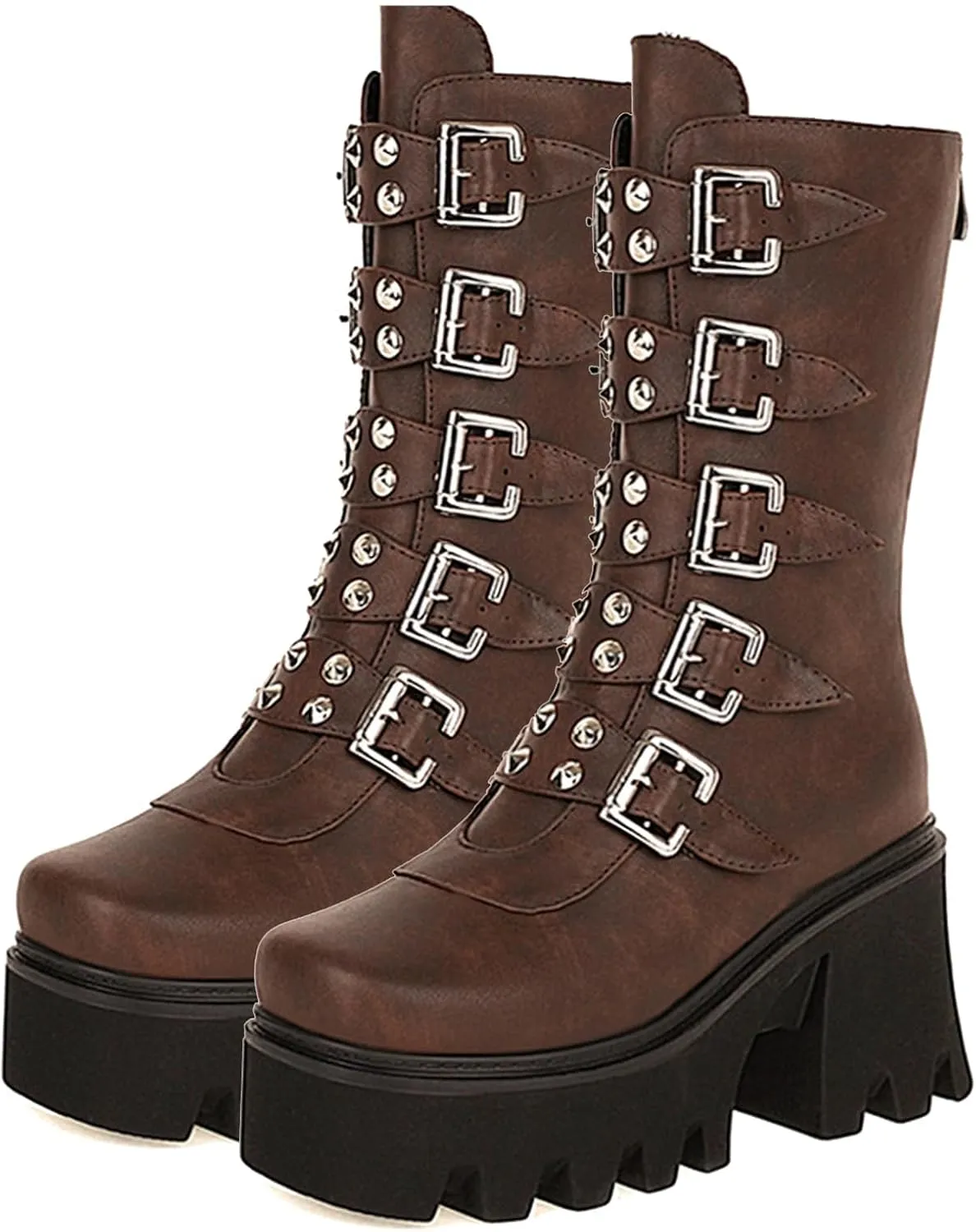 Platform Goth Boots for Women Studded Mid Calf Combat Punk Boots Buckle Chunky Heel Back Zipper Wedges Platform Motorcycle Ankle Booties