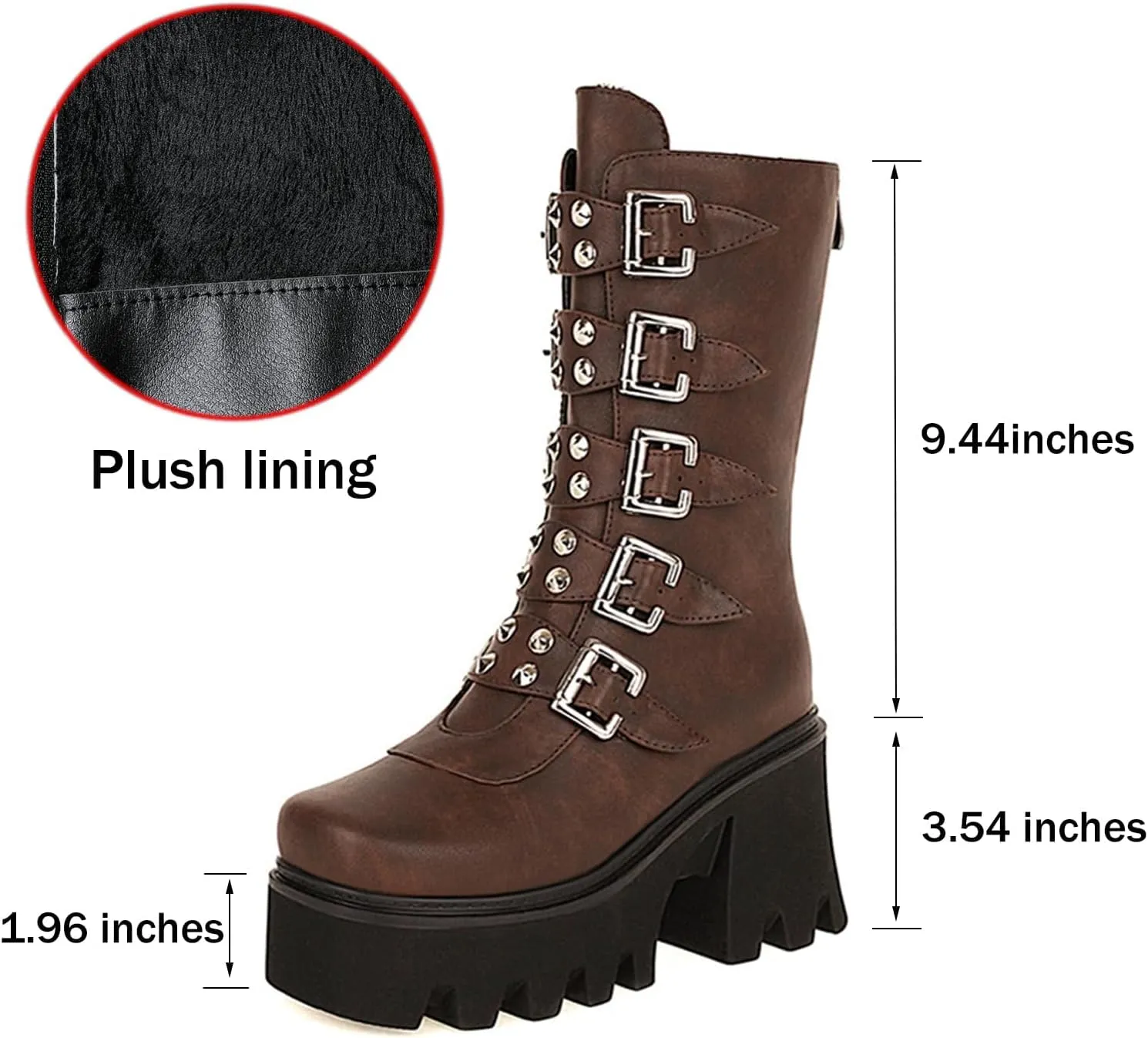 Platform Goth Boots for Women Studded Mid Calf Combat Punk Boots Buckle Chunky Heel Back Zipper Wedges Platform Motorcycle Ankle Booties