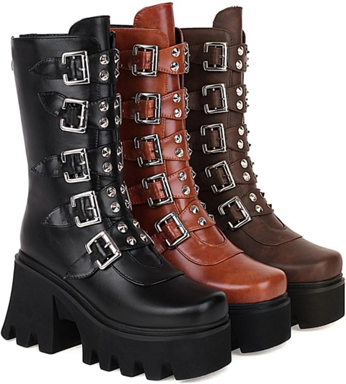 Platform Goth Boots for Women Studded Mid Calf Combat Punk Boots Buckle Chunky Heel Back Zipper Wedges Platform Motorcycle Ankle Booties