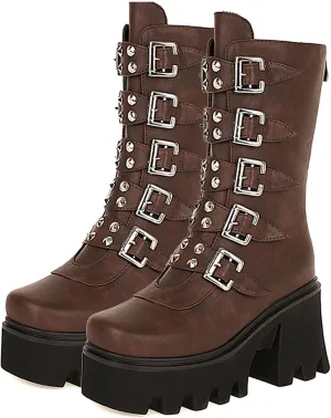 Platform Goth Boots for Women Studded Mid Calf Combat Punk Boots Buckle Chunky Heel Back Zipper Wedges Platform Motorcycle Ankle Booties