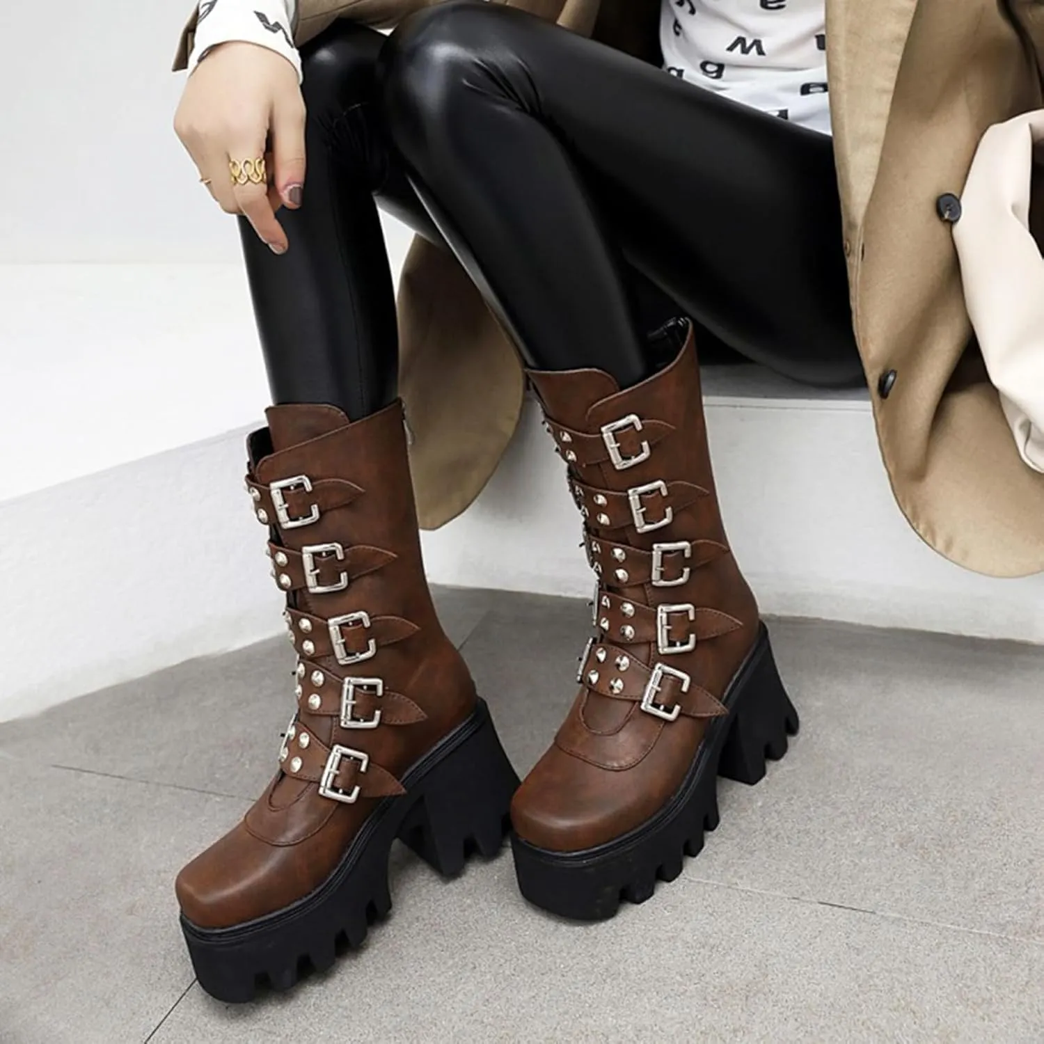 Platform Goth Boots for Women Studded Mid Calf Combat Punk Boots Buckle Chunky Heel Back Zipper Wedges Platform Motorcycle Ankle Booties