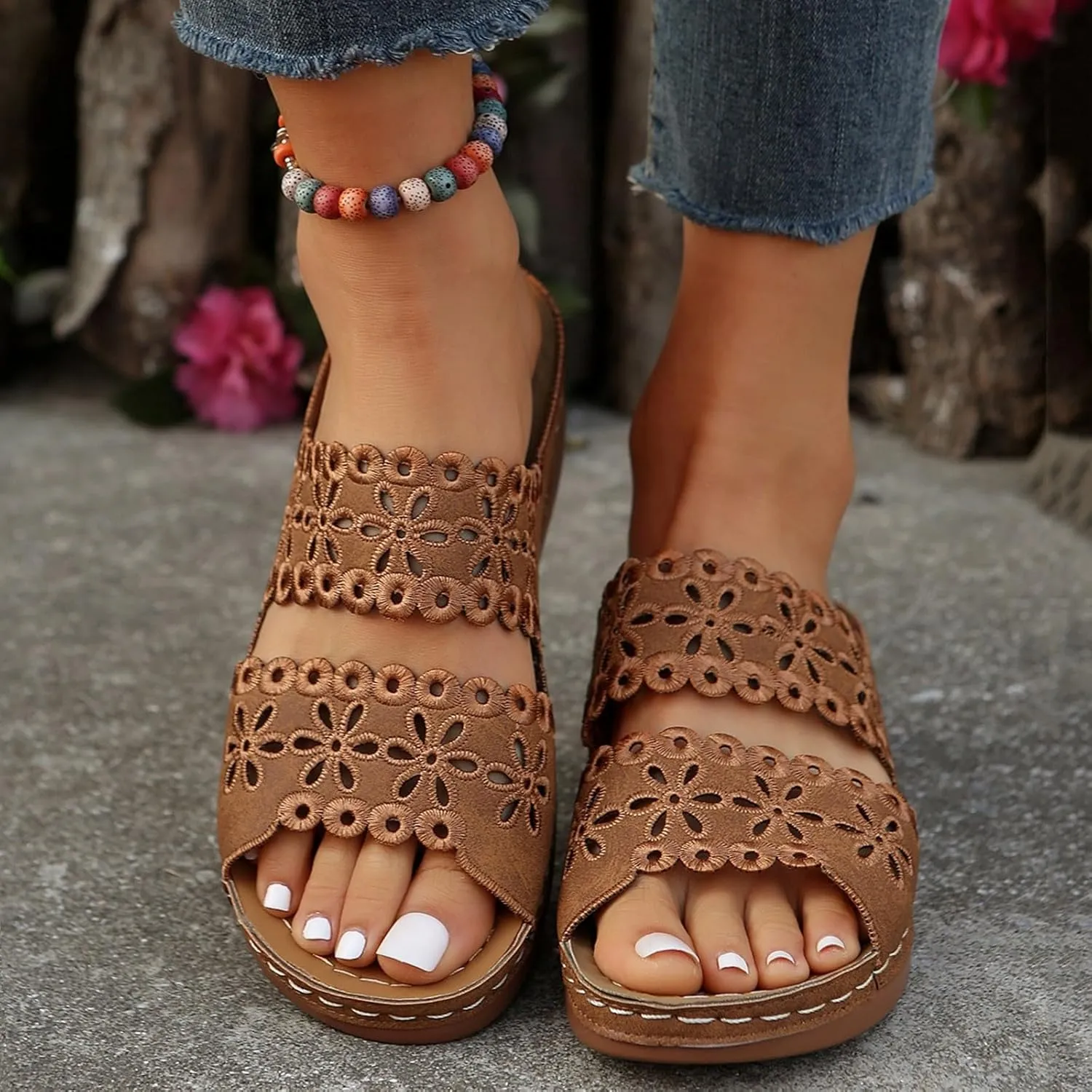 Platform Wedge Sandals Dressy for Women Trendy Floral Spring 2024 Summer Cutout Slip On Sexy Summer 2024 Western Y2K, 7